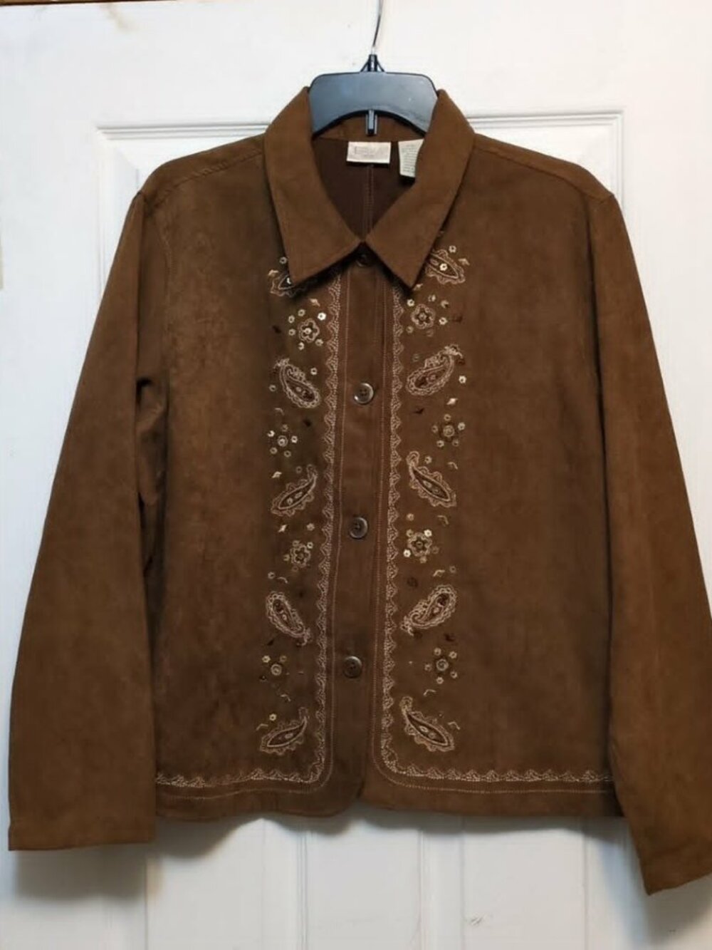 Erika Sz LP Faux Brown Suede Rockabilly Cowgirl Button Up Top Beaded Embroidered